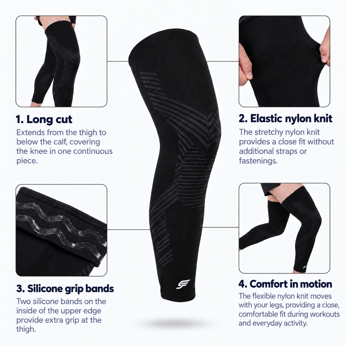 SprintForm construction: 1 long cut, 2 elastic nylon knit, 3 silicone grip bands, 4 comfort in motion.