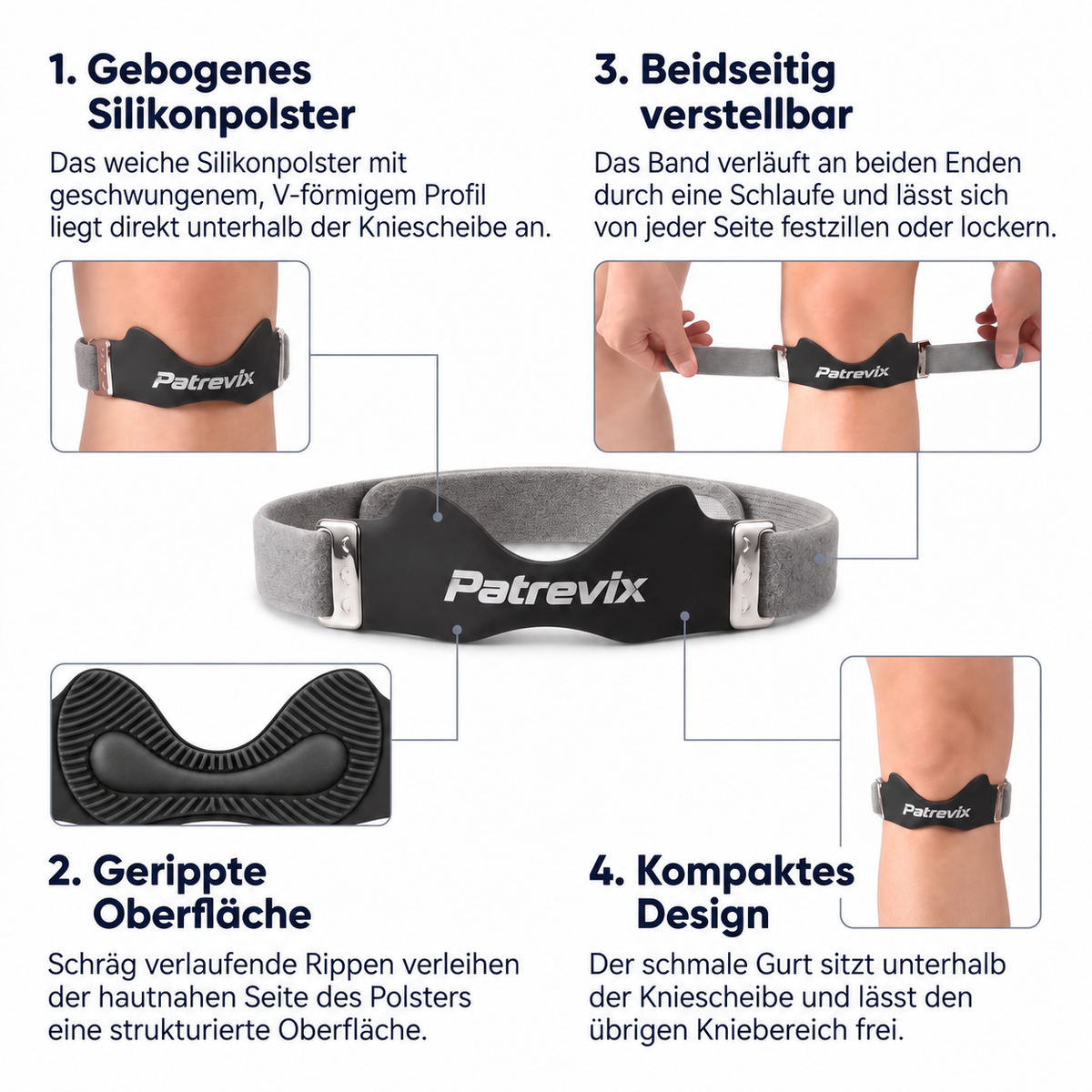 Patrevix Aufbau: 1 gebogenes Silikonpolster, 2 gerippte Oberfläche, 3 beidseitig verstellbar, 4 kompaktes Design.