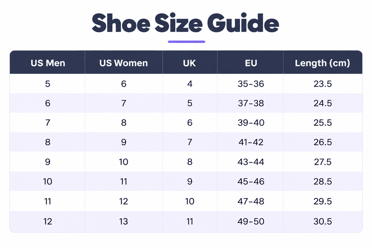 Solerivex shoe size guide: US men's, US women's, UK and EU sizes with length in centimetres, from EU 35–36 to 49–50.