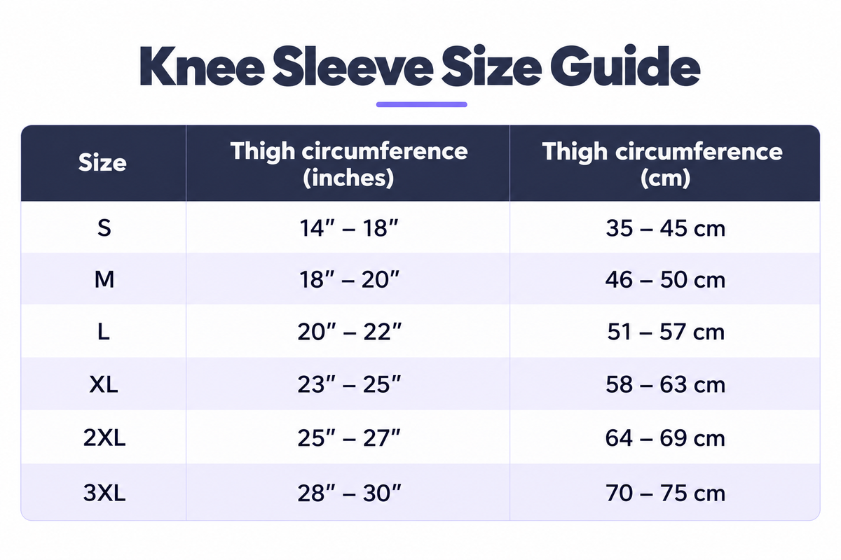 SprintForm knee sleeve size chart: sizes S to 3XL by thigh circumference in inches and centimetres.
