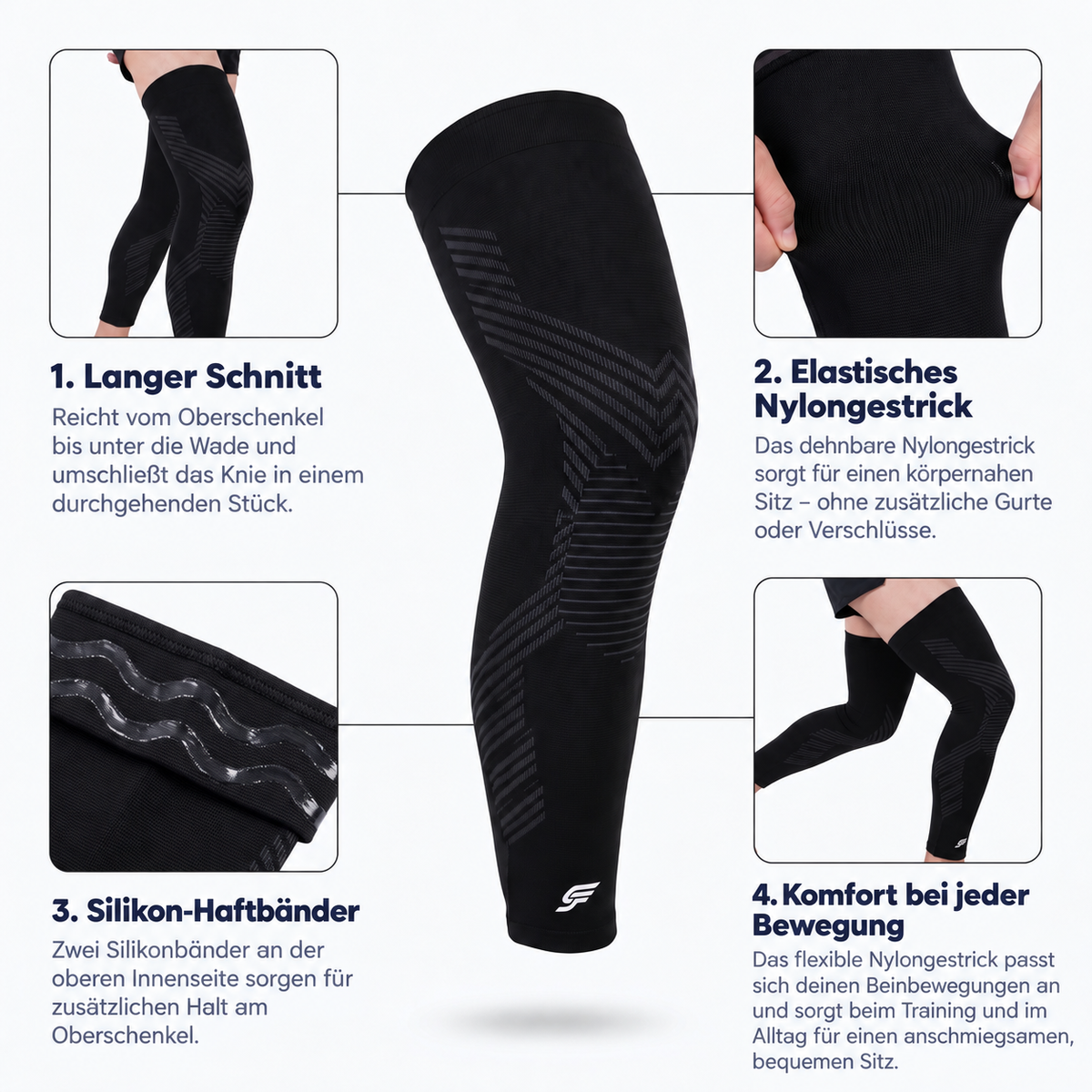 SprintForm Aufbau: 1 langer Schnitt, 2 elastisches Nylongestrick, 3 Silikon-Haftbänder, 4 Komfort bei jeder Bewegung.